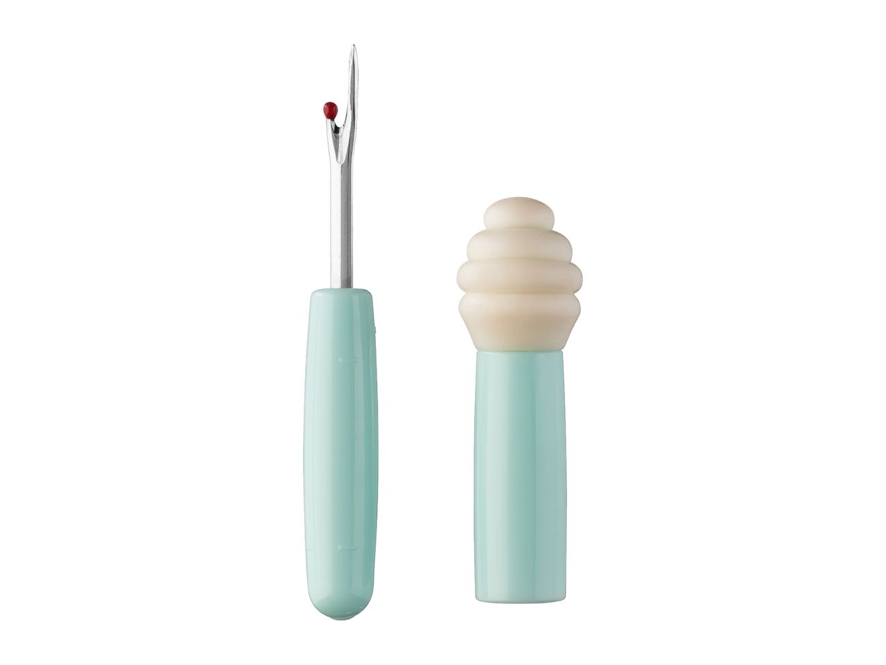 Seam ripper with a light blue handle and a matching cap with a ribbed rubber tip