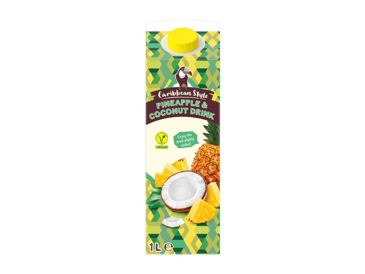 Caribbean style pineapple and coconut drink carton with a toucan logo and a 'Vegan' label.