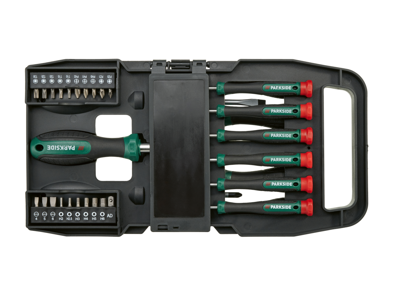 Parkside® atsuktuvų rinkinys su keičiamais antgaliais ir įvairių dydžių atsuktuvais.