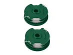 Two green spools of trimmer line with white string, featuring product information and a directional arrow.