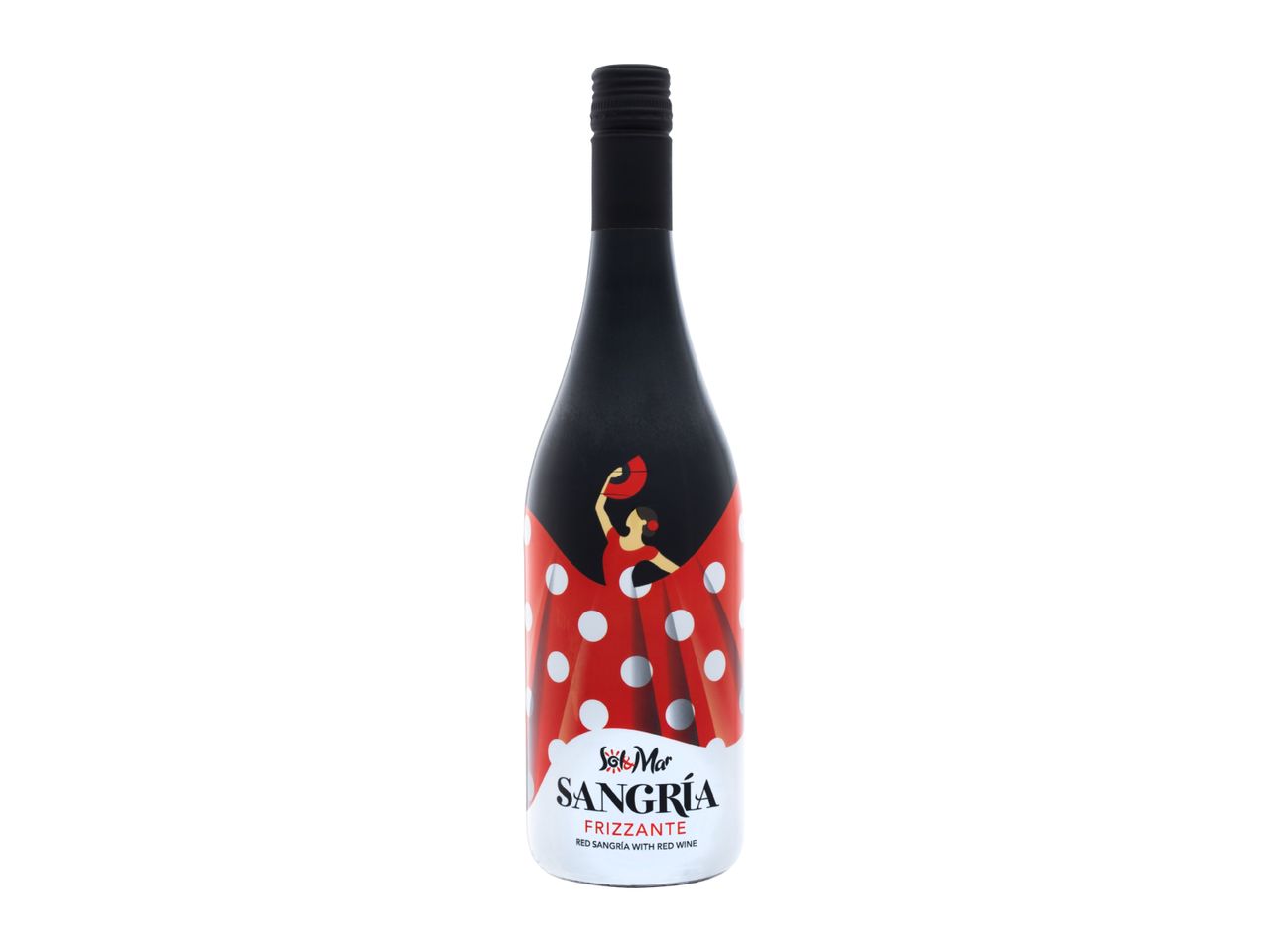 Red sangria with red wine in a black bottle with a flamenco dancer design