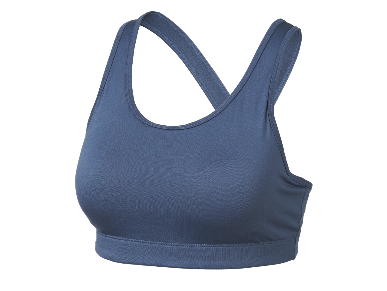 Син спортен сутиен с кръстосани презрамки на черен фон.