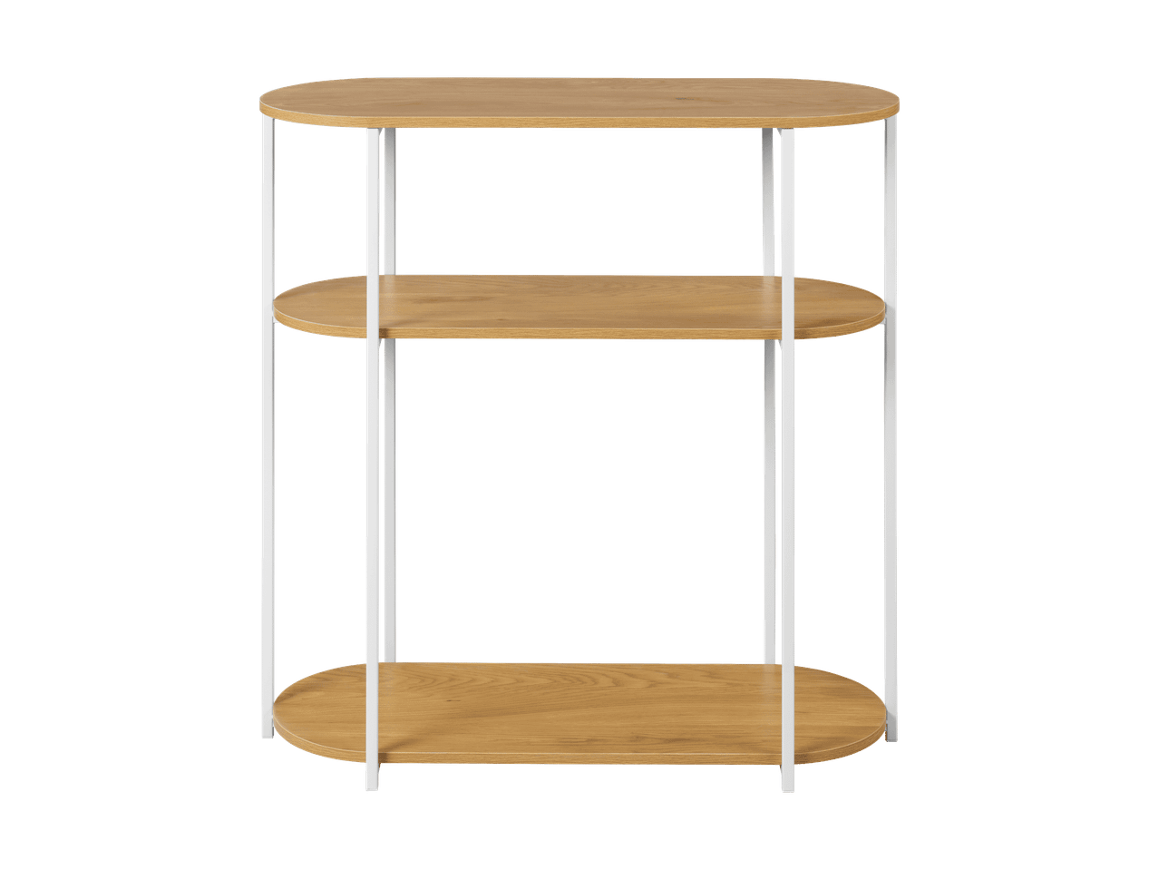 Scaffale a tre ripiani in legno chiaro con struttura bianca.