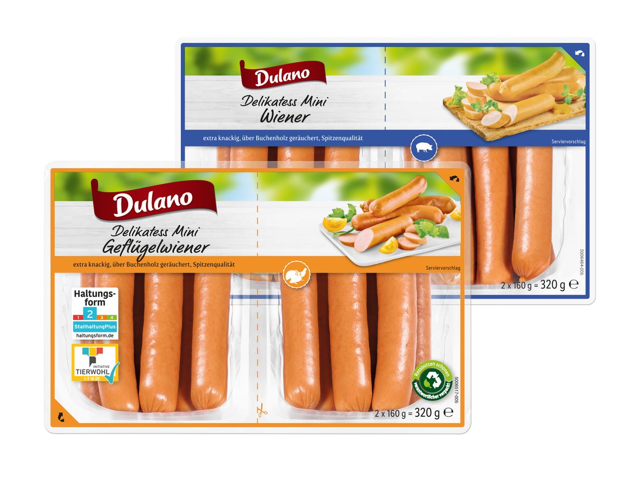 Zwei Packungen Düllmann Wiener Würstchen, eine im blauen, eine im orangenen Design.