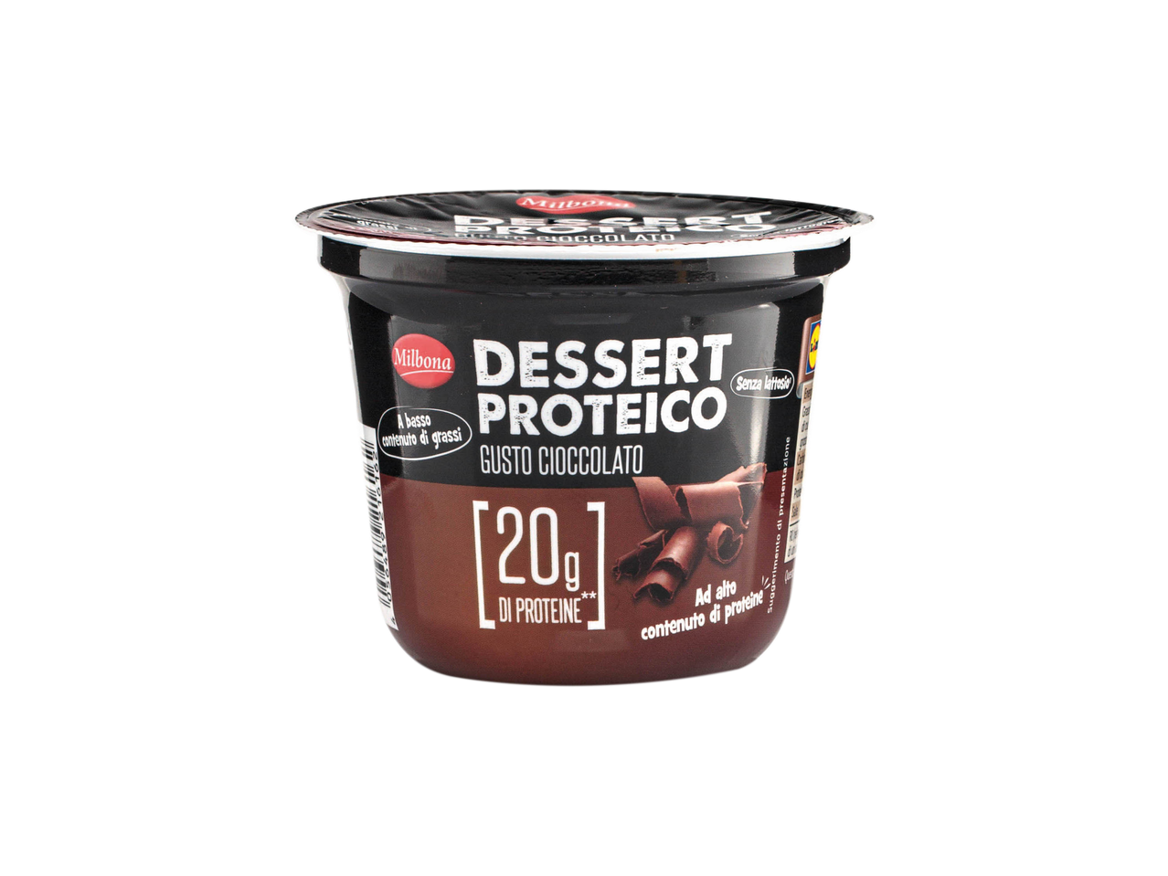Dessert proteico al gusto cioccolato del marchio Milbona, con 20g di proteine e a basso contenuto di grassi.