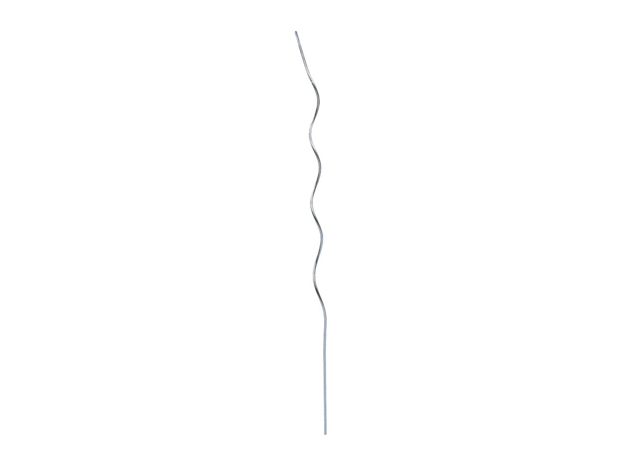 A silver, wavy metal rod, likely a plant support, stands vertically against a white background.