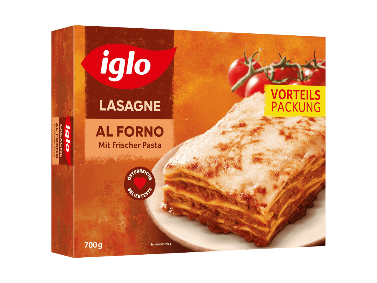 Iglo Lasagne al Forno Packung mit Abbildung des Gerichts