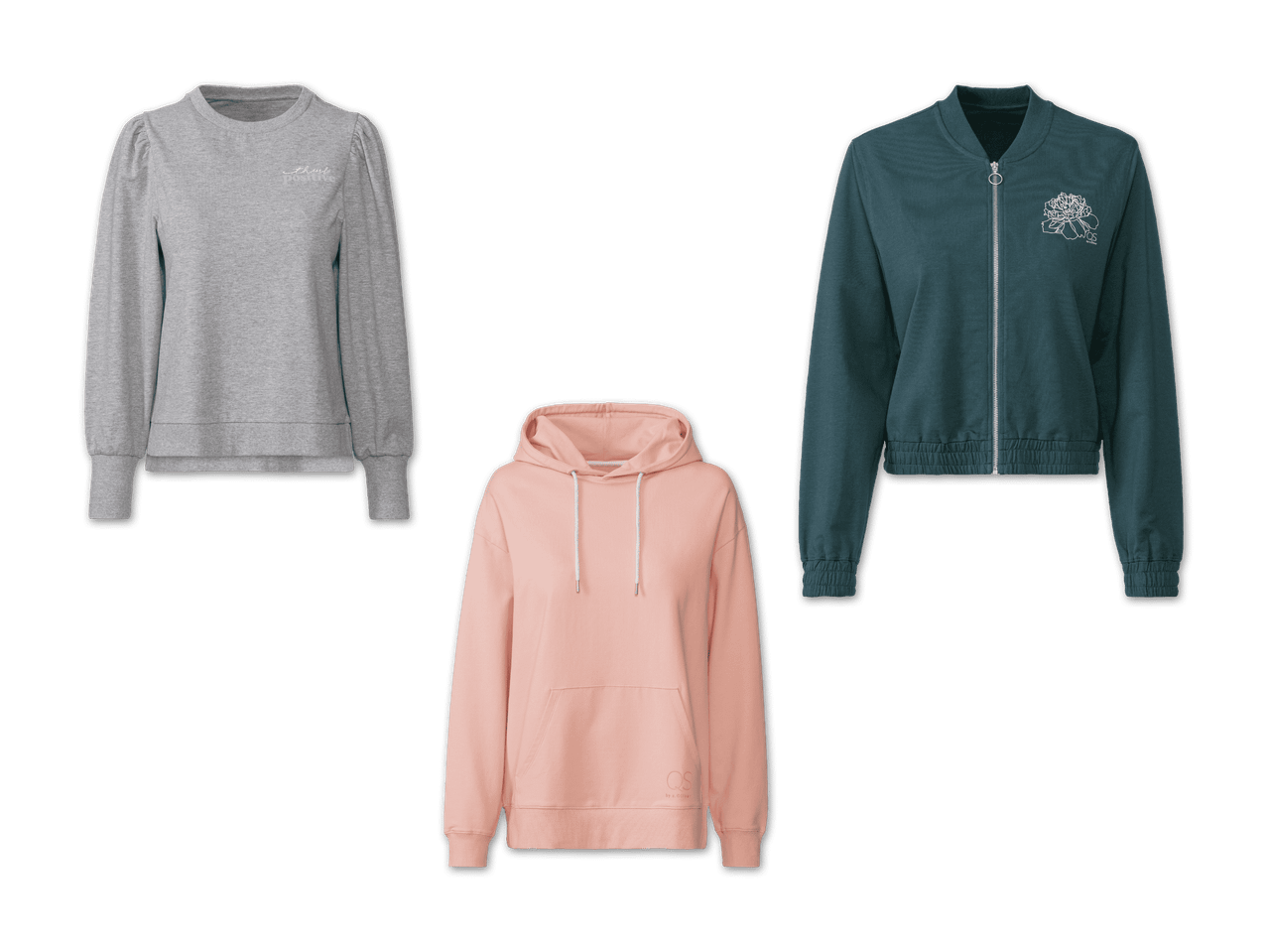 Drei Damen-Sweatshirts: hellgraues Langarmshirt, rosafarbenes Hoodie und dunkelgrünes Bomberjacken-Sweatshirt.