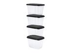 Four clear rectangular food storage containers with black lids, stacked vertically.