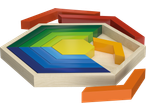 LUPILU Malkittel: Kleurrijke zeshoekige puzzel met houten frame en geometrische stukken.