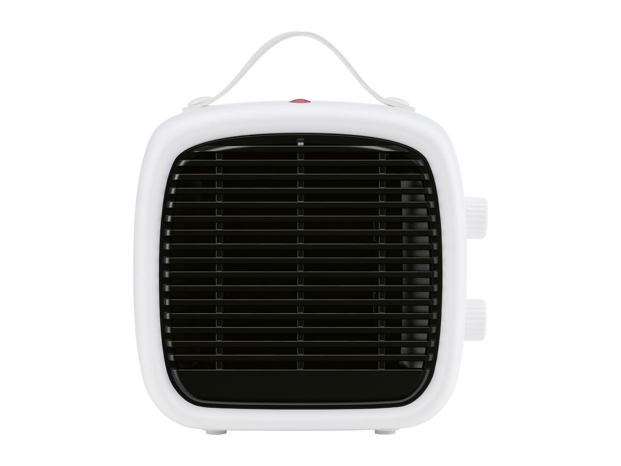 Compact white space heater with a carrying handle and control knobs