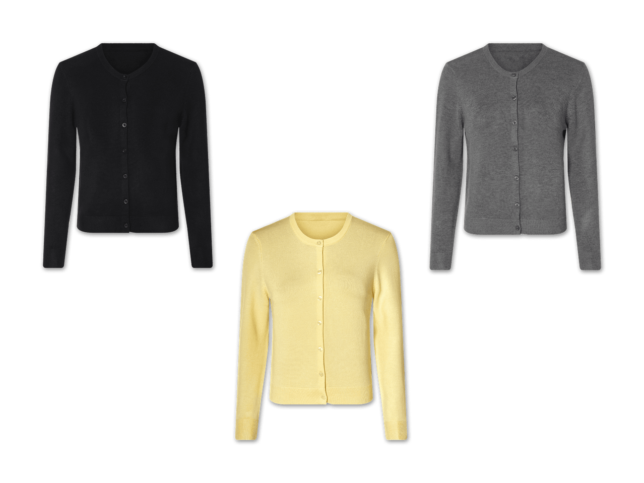 Drei Damen-Cardigans in Schwarz, Grau und Hellgelb.