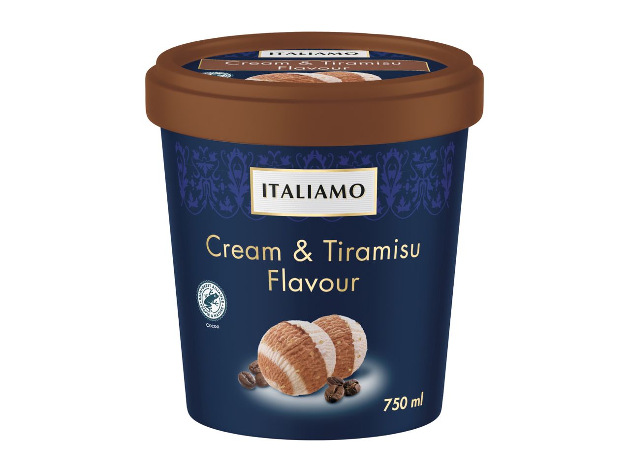 Cream & Tiramisu flavour ice cream tub with coffee beans and a Rainforest Alliance logo.
