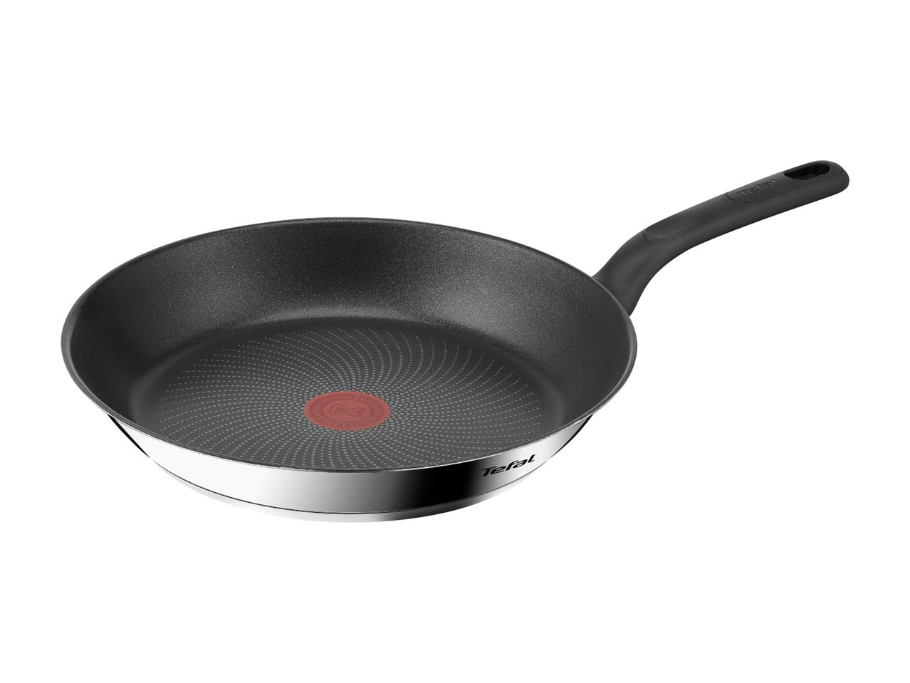 A Tefal frying pan with a black non-stick surface and a black handle.