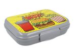 A gray plastic lunchbox featuring a vibrant fast-food design.