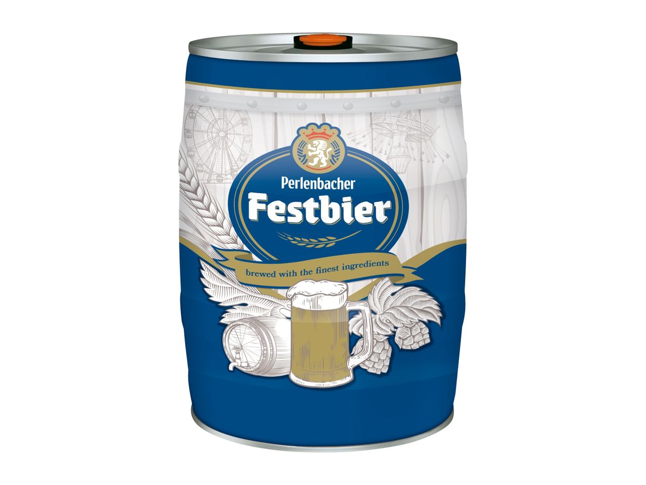A five-liter mini keg of German festbier with a blue and white festive design.