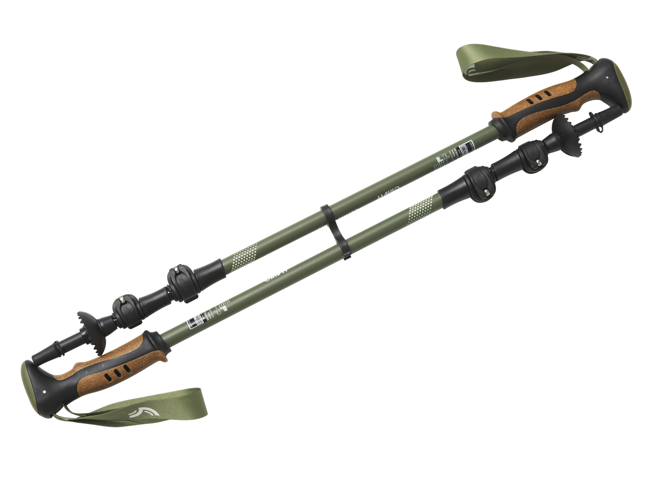 Pora žalių žygių lazdų su kamštinėmis rankenomis ir juodais akcentais.