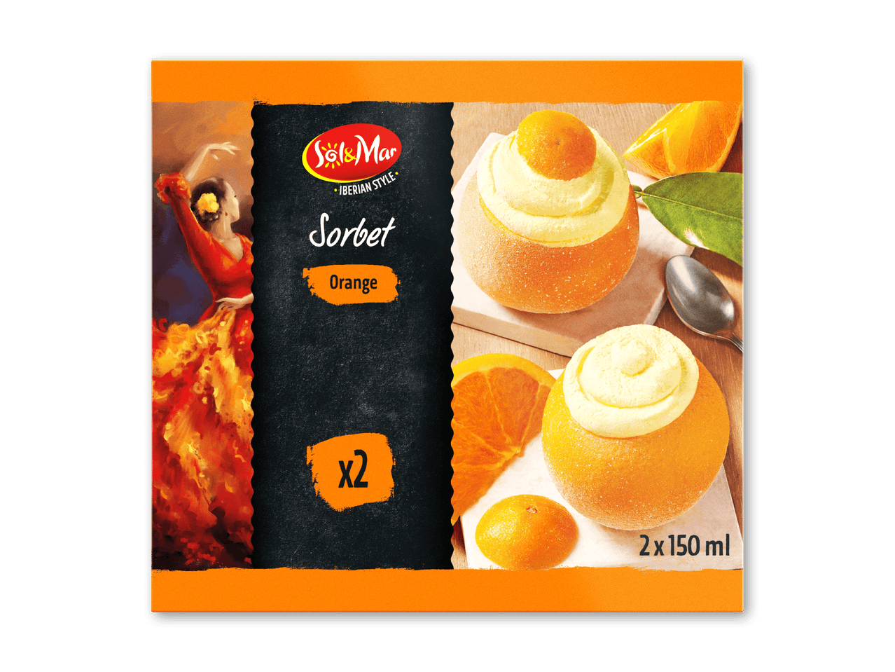 Appelsinsorbet i appelsinskaller, med en danser og teksten 'Sorbet Orange x2 2x150ml'.