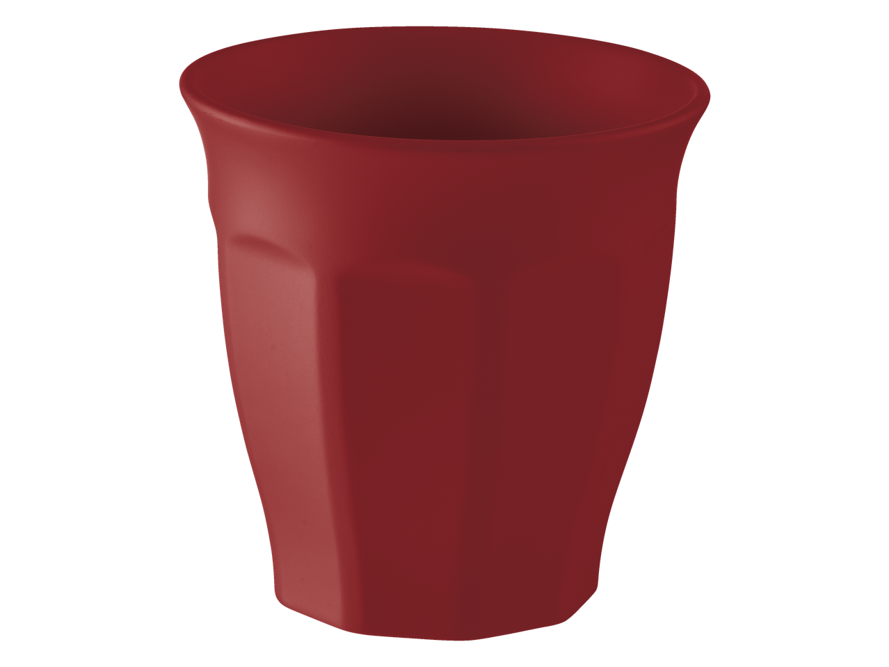 A single red plastic cup with a slightly flared rim and faceted sides.