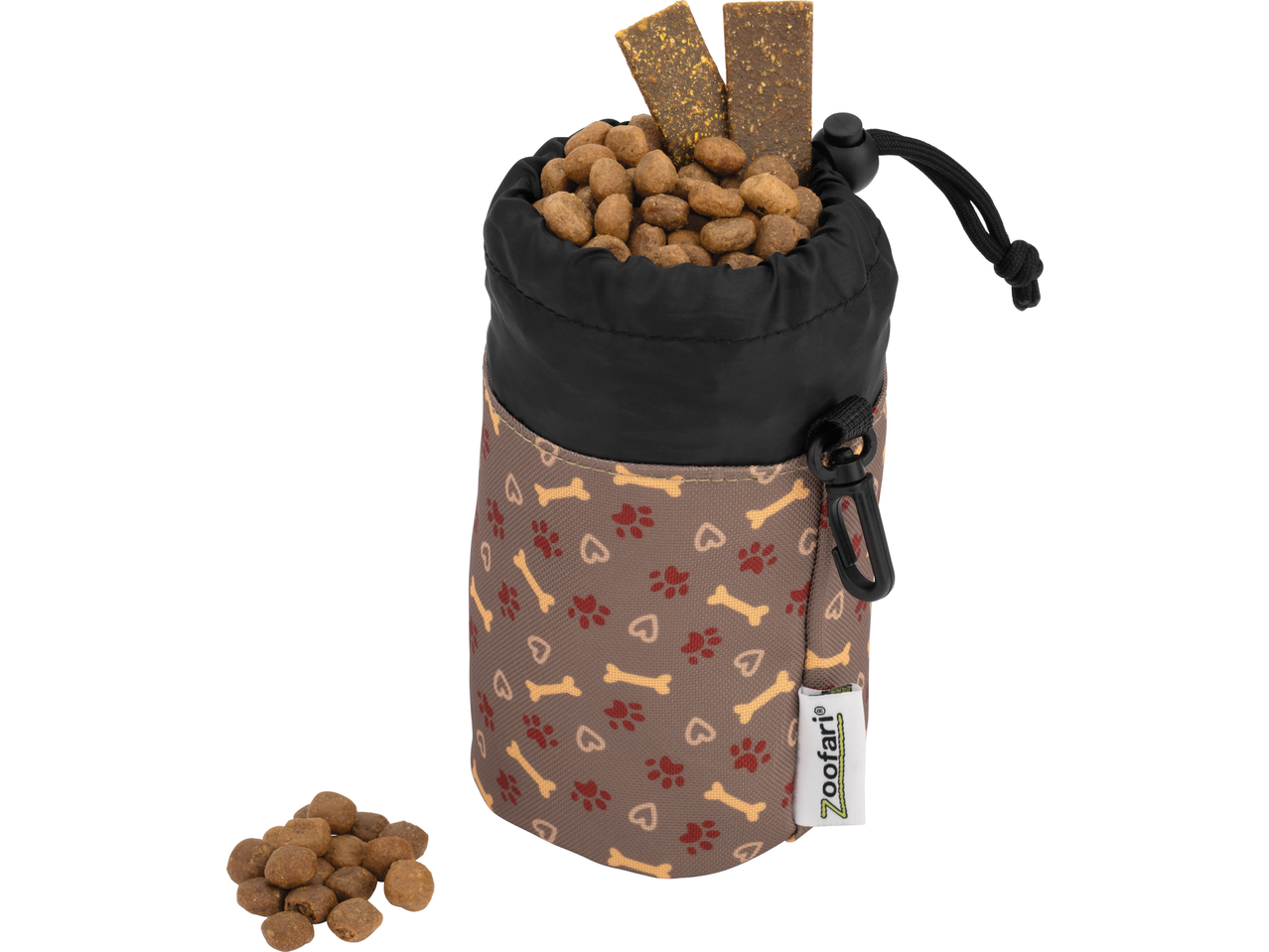 Hondenkoekjeszakje met brokken en twee snacksticks, met poot- en botpatroon.