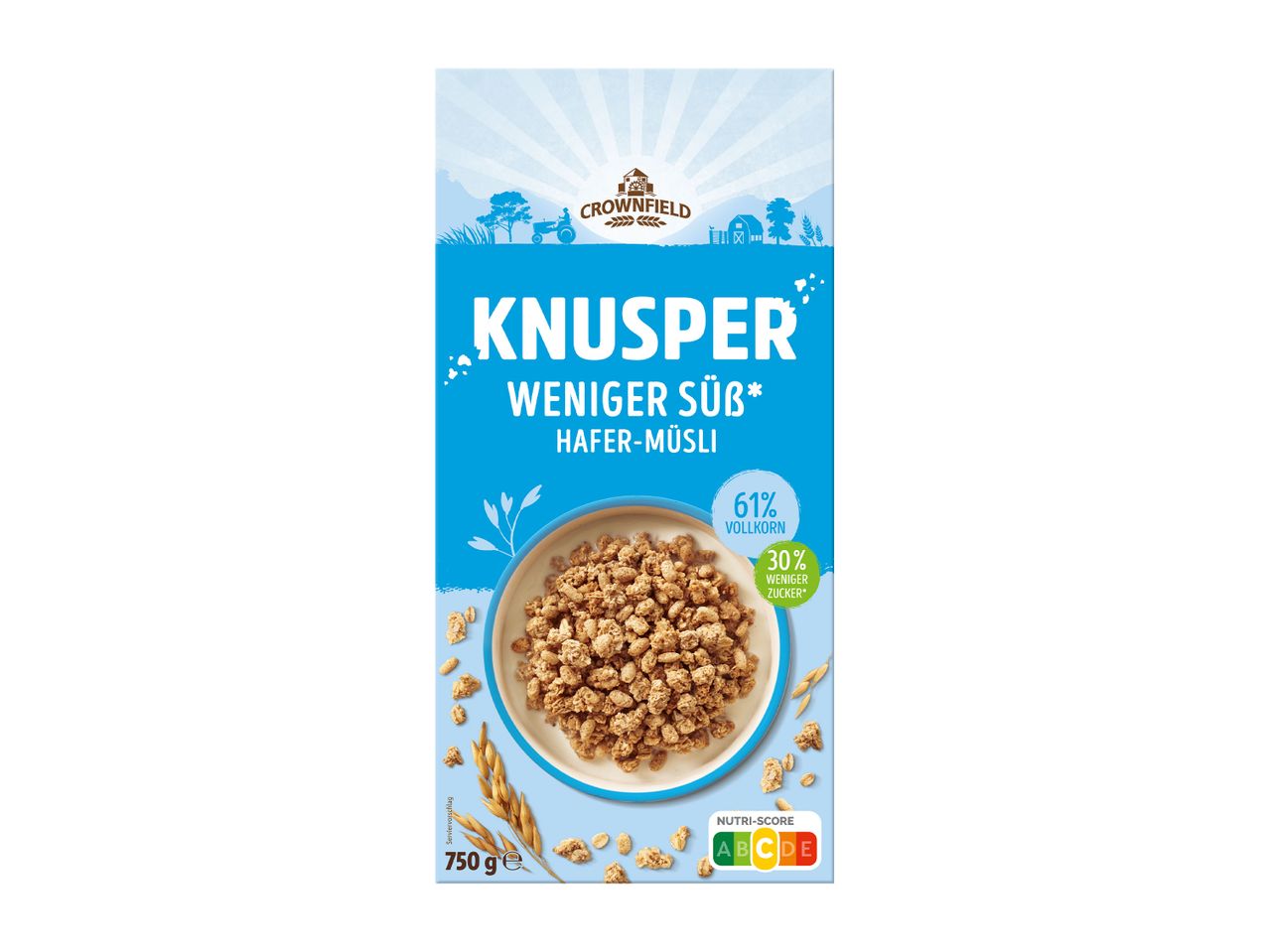 Knuspriges Hafer-Müsli mit 61% Vollkorn und 30% weniger Zucker, 750g Packung mit Nutri-Score B.