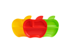 Three apple-shaped Munchkin feeding plates in yellow, red, and green.