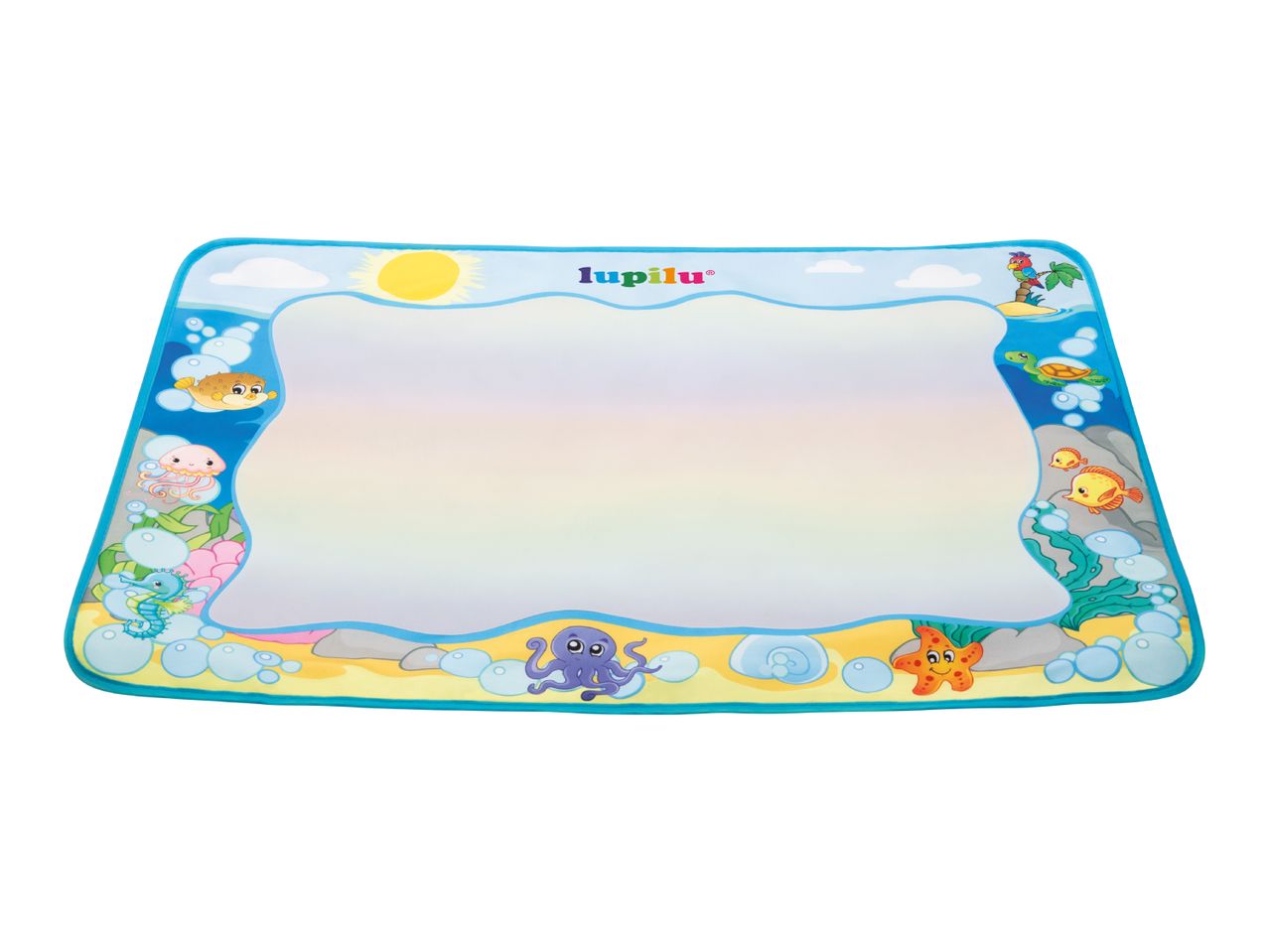 An aqua doodle mat with an underwater theme, featuring sea creatures and a sun.