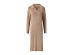 Long-sleeved knitted dress in a warm beige color with a collar and V-neck.