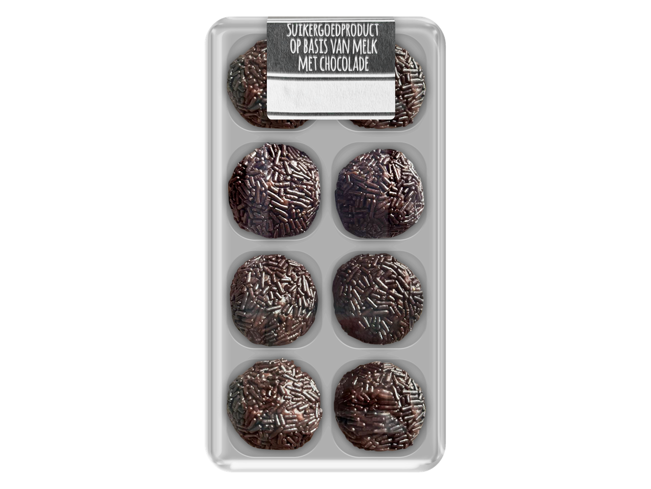 Chocolate truffles with sprinkles, in plastic packaging.
