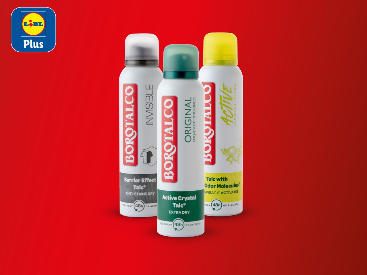 Tri Borotalco dezodoransa u spreju: Invisible, Original i Active, s logotipom Lidl Plus.