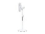 White pedestal fan with a round base and adjustable height, viewed from the side.