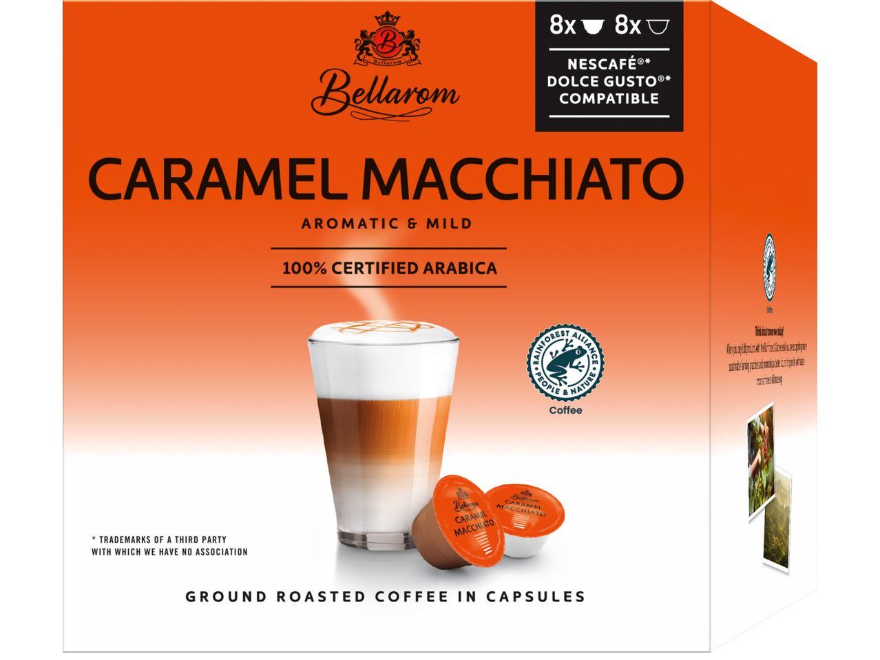 Кутия с капсули кафе Bellarom Caramel Macchiato, съвместими с Nescafé Dolce Gusto.