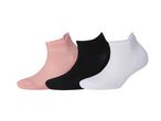 Three pairs of ankle socks in pink, black, and white.