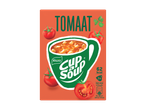Verpakking voor tomatensoep met een kop soep, tomaten en peterselie, met 62 kcal per portie.