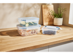 Recipiente de depozitare stivuibile din plastic transparent cu legume și fructe de pădure.