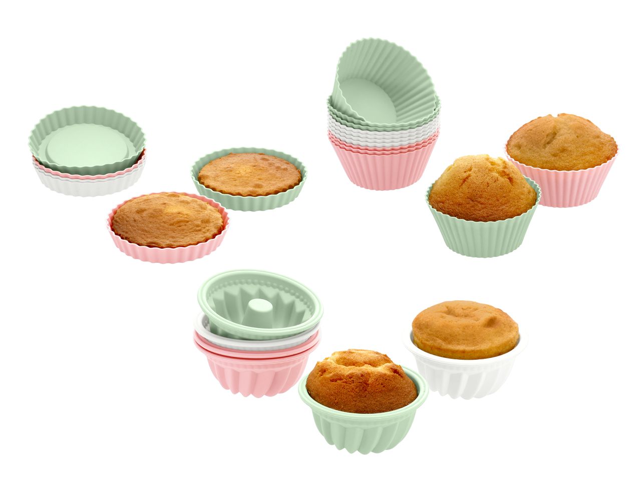 Silikon-Backformen in verschiedenen Formen und Farben, teilweise mit gebackenen Muffins und Kuchen.