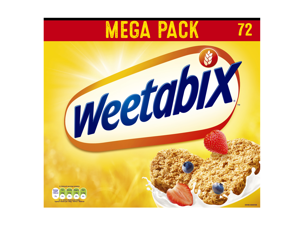 Weetabix Mega Pack (72 biscuits) with berries and milk.
