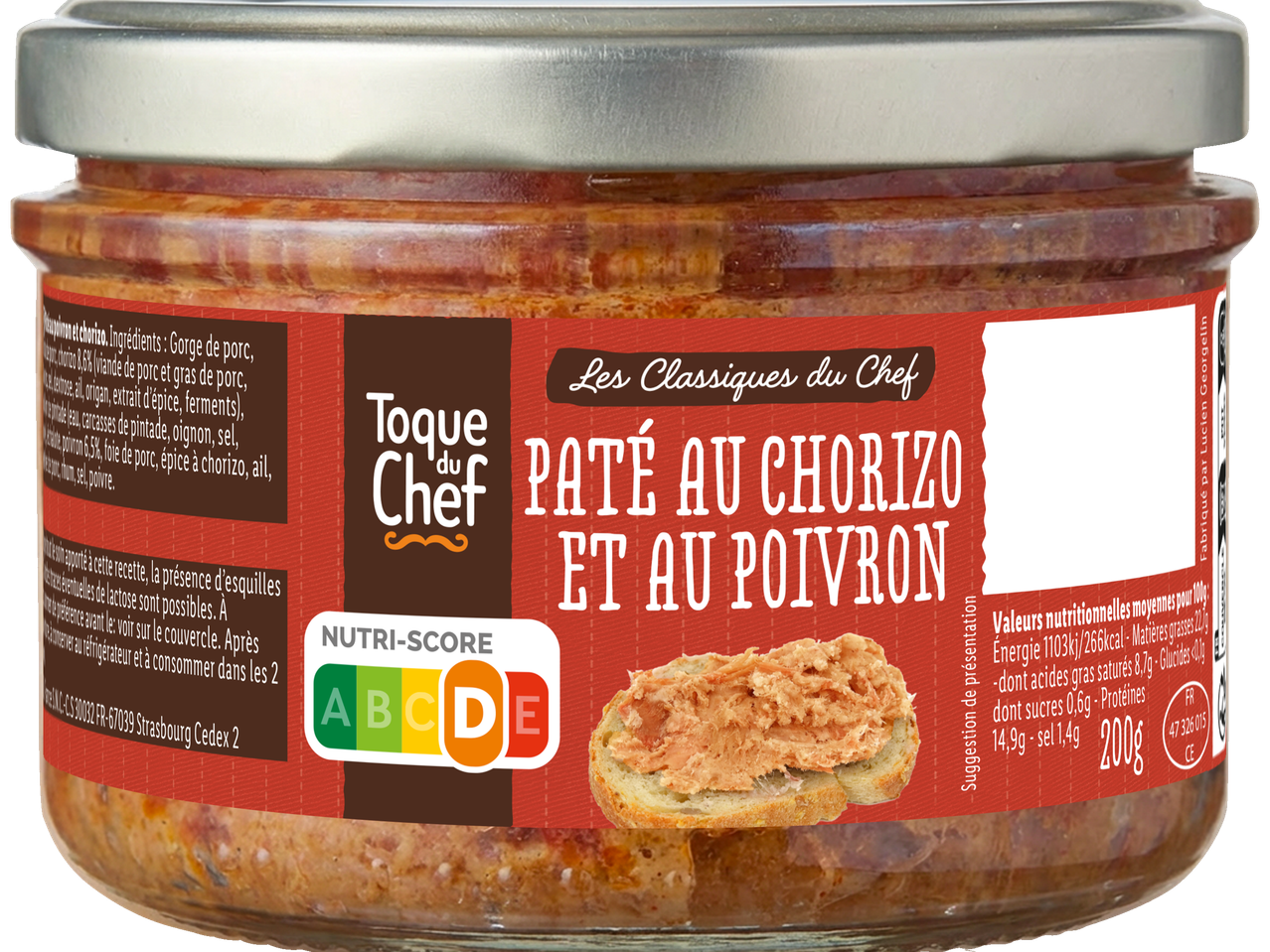 Bocal de pâté au chorizo et au poivron avec Nutri-Score D et informations nutritionnelles.