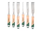 Six Parkside wood chisels of varying widths are displayed against a white background.