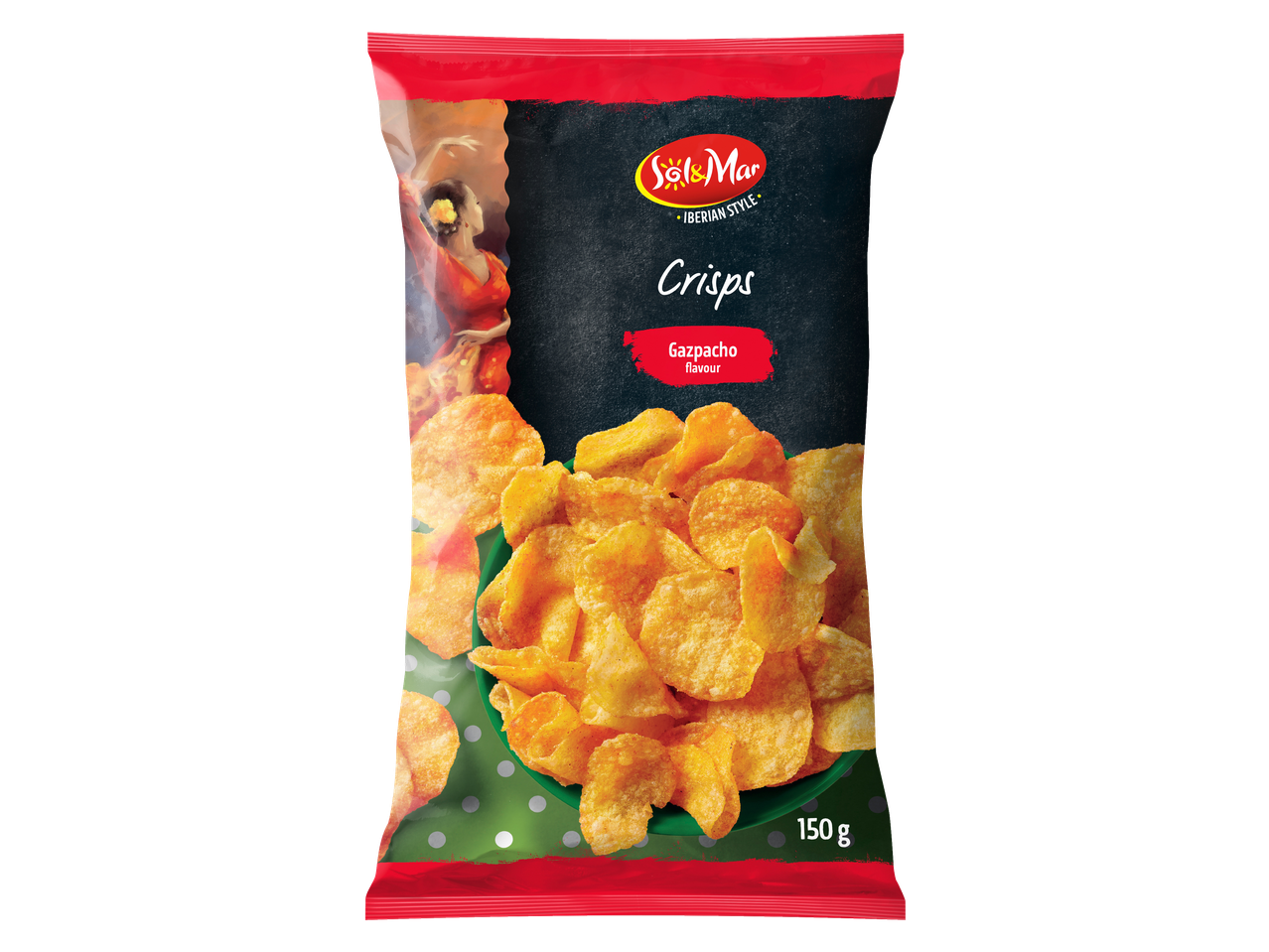 Sol & Mar Gazpacho chips in een zak van 150g met een Spaanse danseres.