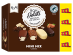 Embalagem de sorvetes Bon Gelati Mini Mix Classic, com quatro palitos de sorvete em sabores de chocolate, avelã e branco.