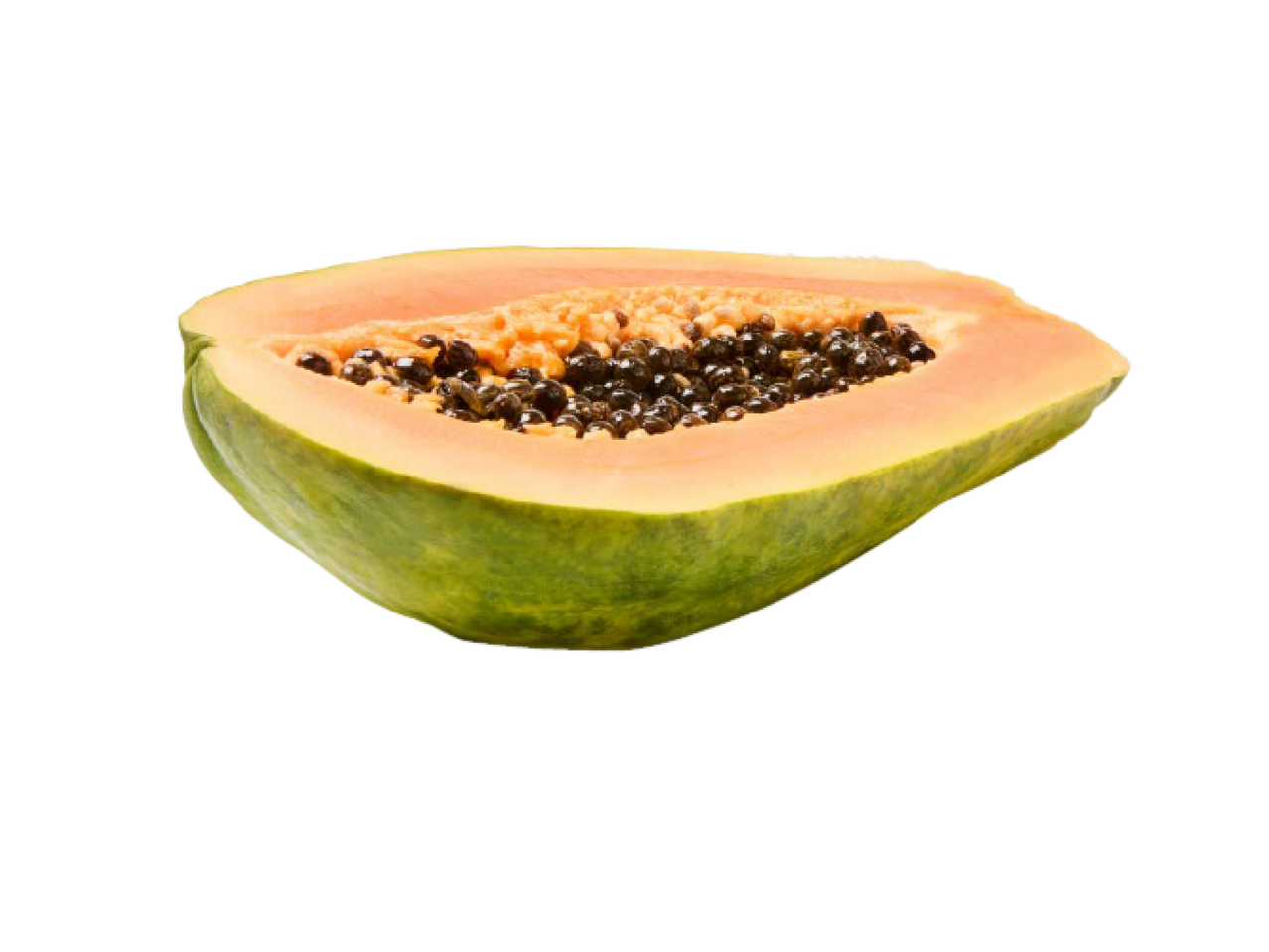 Metade de papaia fresca com sementes visíveis