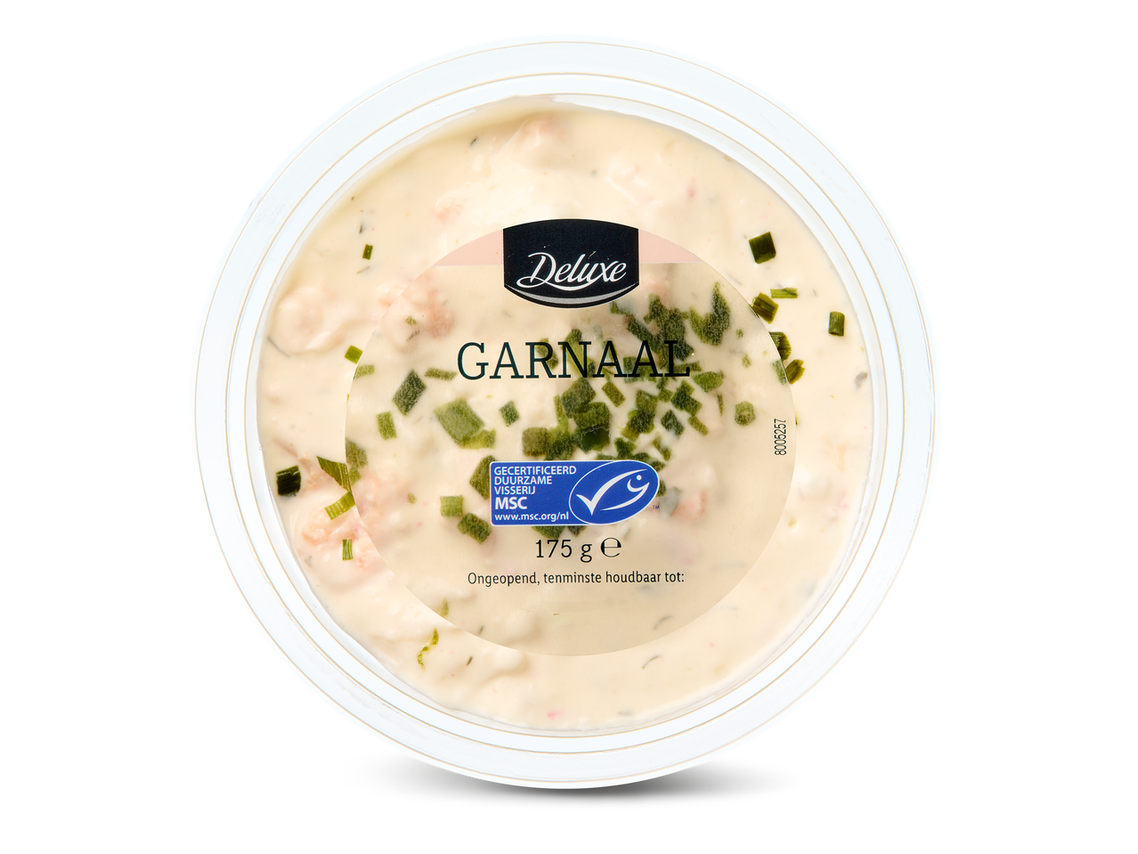 Garnalensalade in een ronde plastic verpakking van 175 gram.