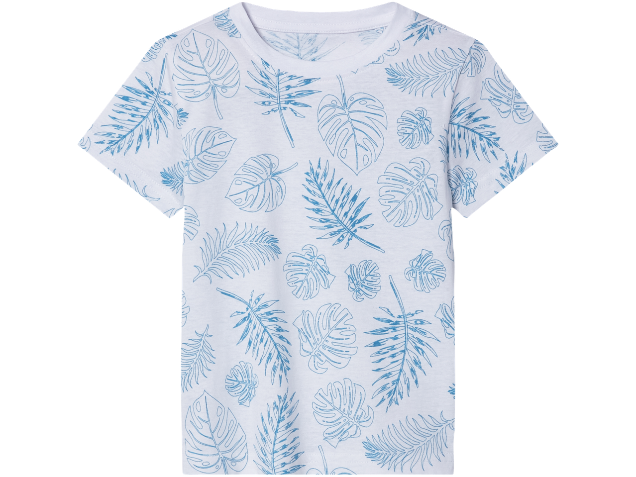 Valge laste t-särk siniste troopiliste lehtedega.