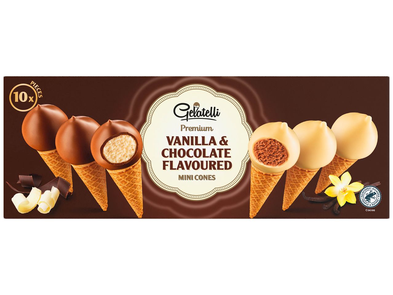 Gelatelli Mini Cônes saveur vanille et chocolat, 10 pièces.