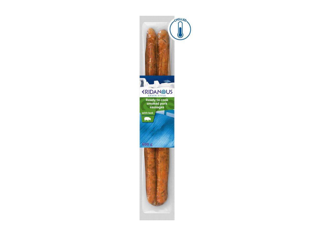 Eridanous Greek Style ready-to-cook smoked pork sausages with leek, 600g, chilled.