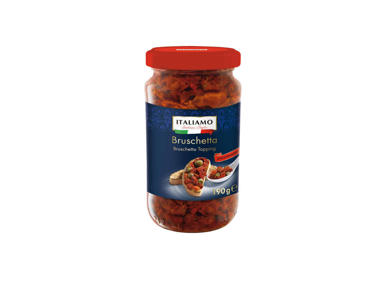 Borcan de topping ItaliAMO Bruschetta cu roșii uscate, 190g.