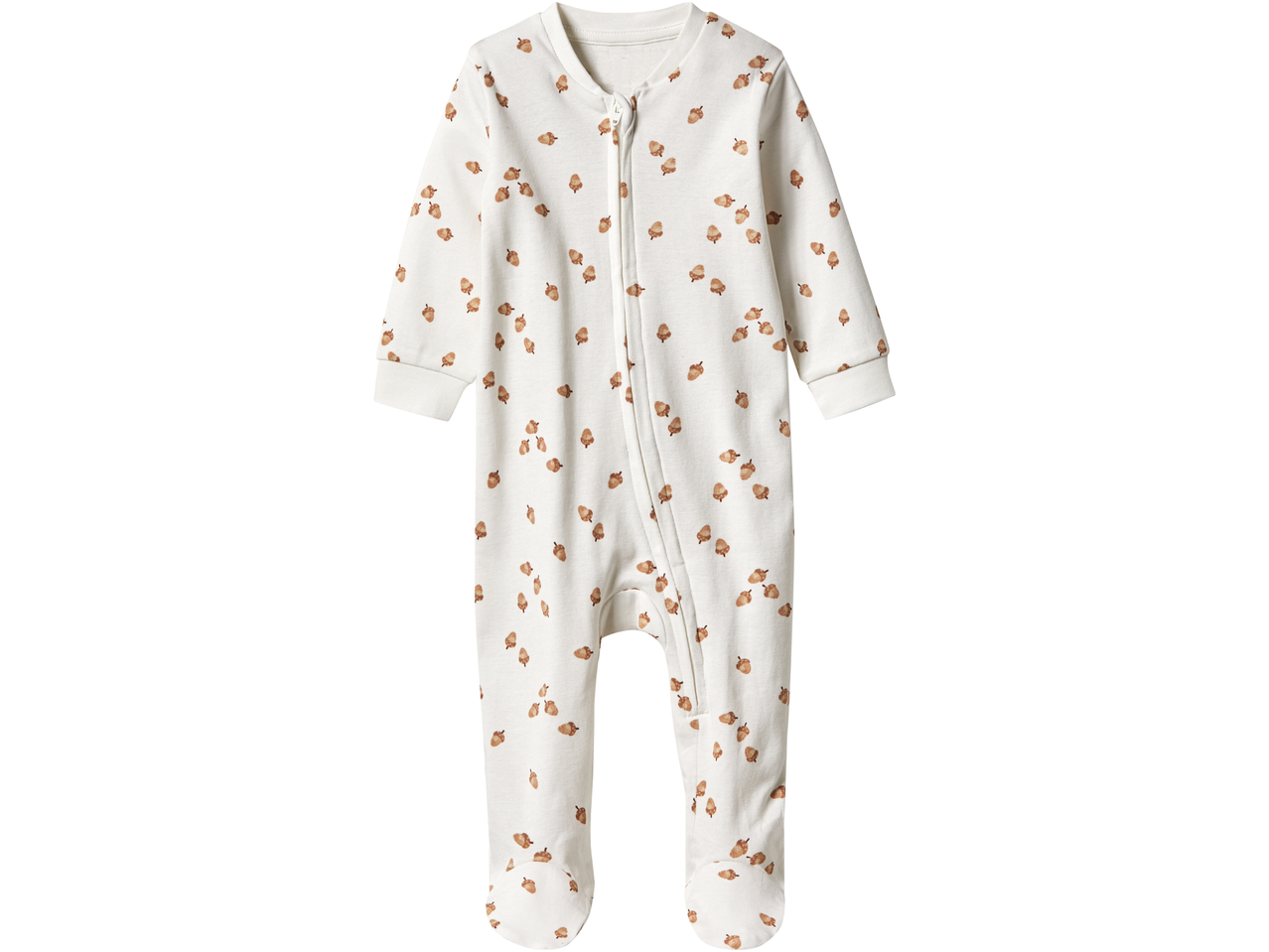 Lupilu® baby sleepsuit in white with a brown acorn pattern and a zipper closure.