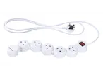 White extension cord with multiple sockets and USB.