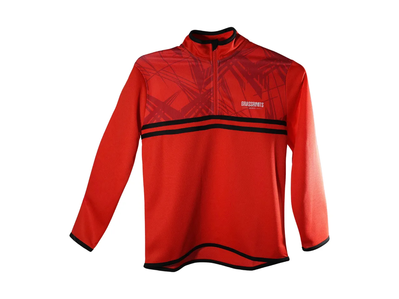 Red long-sleeved sports top with black stripes and abstract pattern